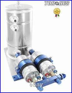 Twin Bosch 044 Fuel Pumps Aluminium Surge Swirl Pot Tank Assembly AN8/AN10 Blue