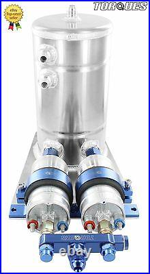 Twin Bosch 044 Fuel Pumps Aluminium Surge Swirl Pot Tank Assembly AN8/AN10 Blue